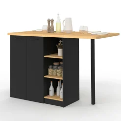 IDMarket Ilot central 140 cm bois noir avec plan de travail façon hêtre* Ilot Central