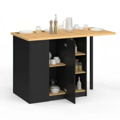 IDMarket Ilot central 140 cm bois noir avec plan de travail façon hêtre* Ilot Central