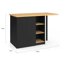 IDMarket Ilot central 140 cm bois noir avec plan de travail façon hêtre* Ilot Central