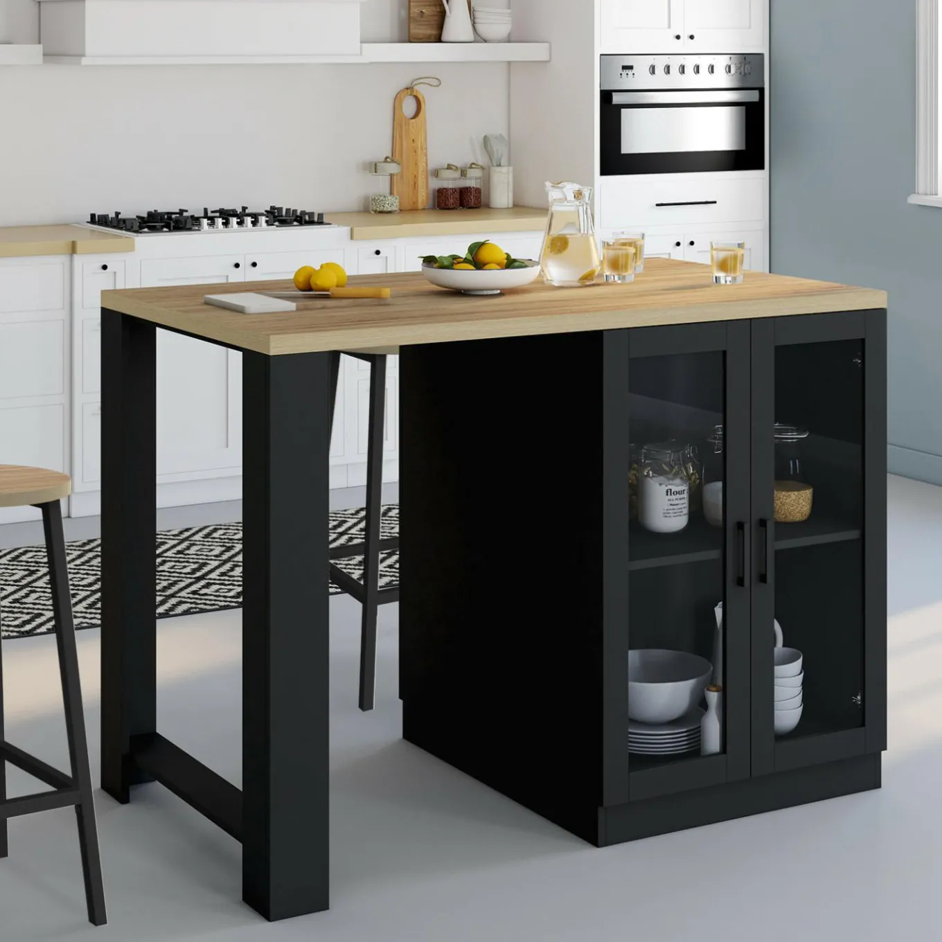 IDMarket Ilot central avec plan de travail et portes vitrées 2 personnes* Meubles Hauts|Collection Design