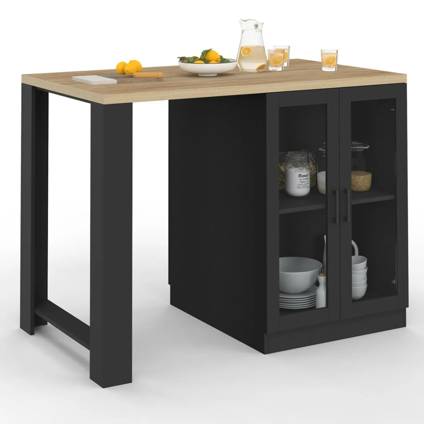 IDMarket Ilot central avec plan de travail et portes vitrées 2 personnes* Meubles Hauts|Collection Design