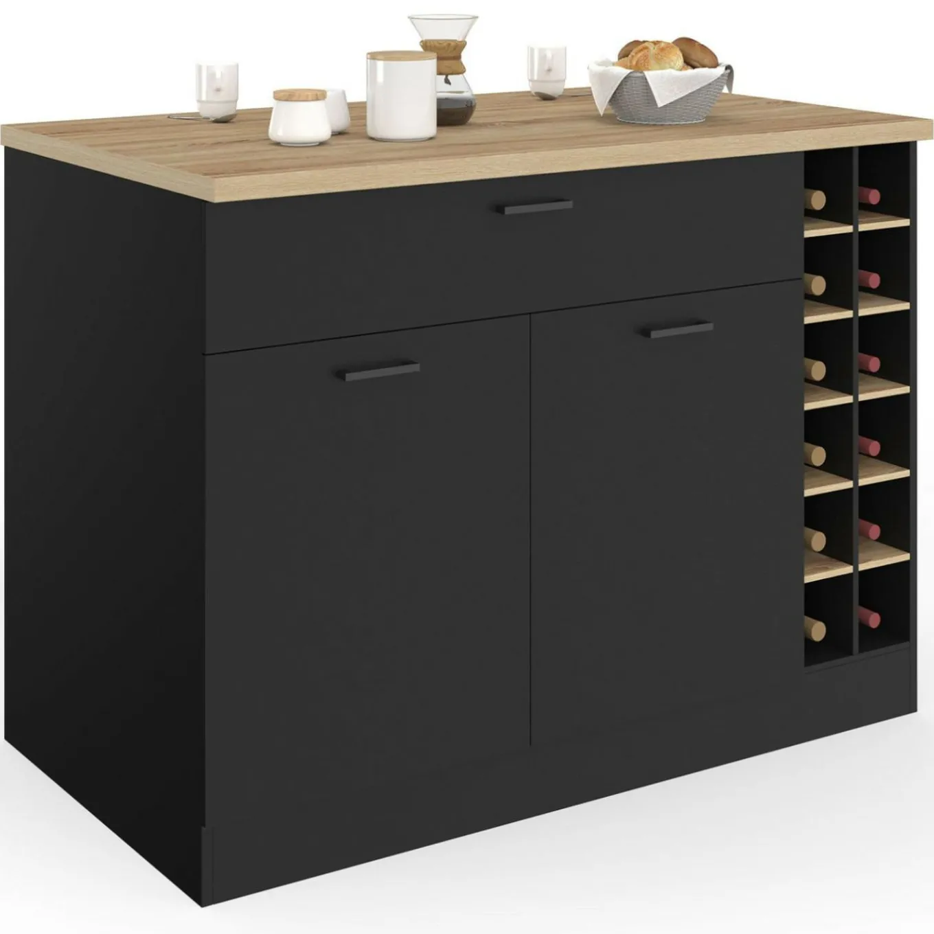 IDMarket Ilot central avec range-bouteilles placard et tiroir bois noir avec plan de travail façon hêtre* Ilot Central