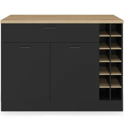IDMarket Ilot central avec range-bouteilles placard et tiroir bois noir avec plan de travail façon hêtre* Ilot Central