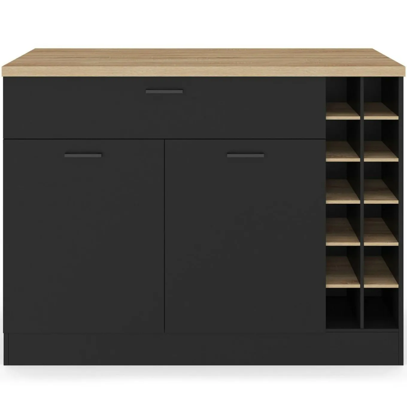IDMarket Ilot central avec range-bouteilles placard et tiroir bois noir avec plan de travail façon hêtre* Ilot Central