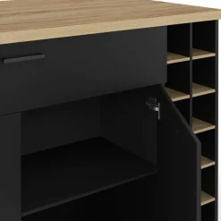 IDMarket Ilot central avec range-bouteilles placard et tiroir bois noir avec plan de travail façon hêtre* Ilot Central