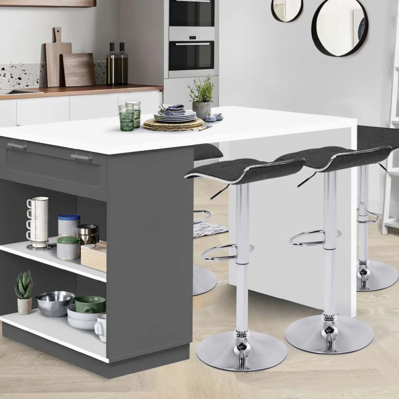 IDMarket Ilot central blanc et gris 130 cm pour 4 personnes* Collection Design|Collection Moderne