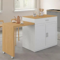 IDMarket Ilot central bois blanc avec table à manger extensible* Meubles Hauts|Ilot Central