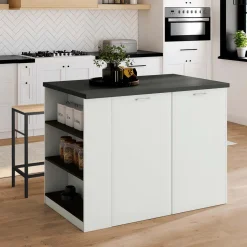 IDMarket Ilot central bois blanc plan de travail gris anthracite* Meubles Hauts|Meubles Blancs