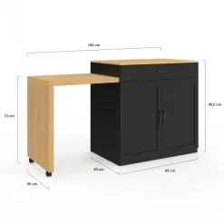 IDMarket Ilot central bois et noir avec table à manger extensible* Meubles Hauts|Ilot Central