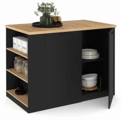 IDMarket Ilot central bois noir avec plan de travail façon hêtre 120 cm* Meubles Hauts|Ilot Central