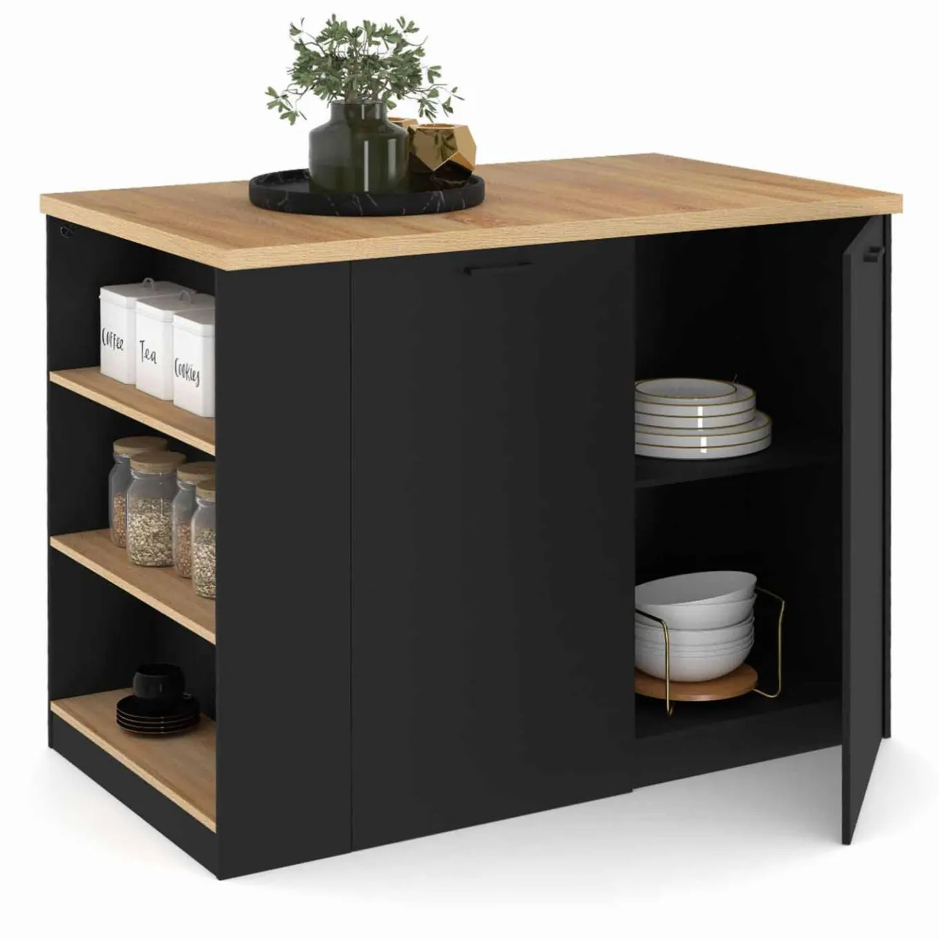 IDMarket Ilot central bois noir avec plan de travail façon hêtre 120 cm* Meubles Hauts|Ilot Central