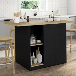 IDMarket Ilot central bois noir avec plan de travail façon hêtre 140 cm 4 personnes avec rangement* Meubles Hauts|Meubles En Bois