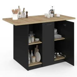IDMarket Ilot central bois noir avec plan de travail façon hêtre 140 cm 4 personnes avec rangement* Meubles Hauts|Meubles En Bois