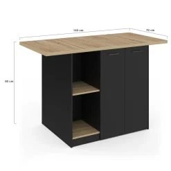 IDMarket Ilot central bois noir avec plan de travail façon hêtre 140 cm 4 personnes avec rangement* Meubles Hauts|Meubles En Bois