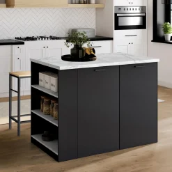IDMarket Ilot central de cuisine bois noir et effet marbre* Collection Contemporaine|Ilot Central