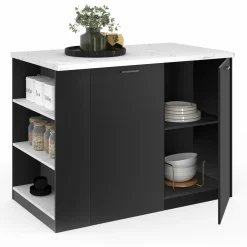 IDMarket Ilot central de cuisine bois noir et effet marbre* Collection Contemporaine|Ilot Central