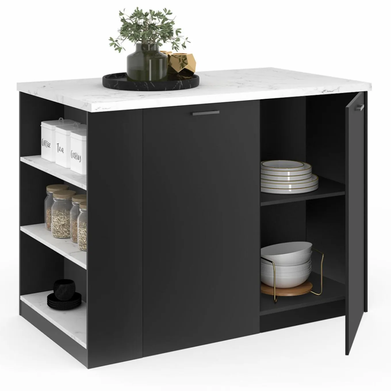 IDMarket Ilot central de cuisine bois noir et effet marbre* Collection Contemporaine|Ilot Central