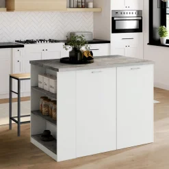 IDMarket Ilot central de cuisine bois blanc et effet béton* Collection Contemporaine|Mange Debout