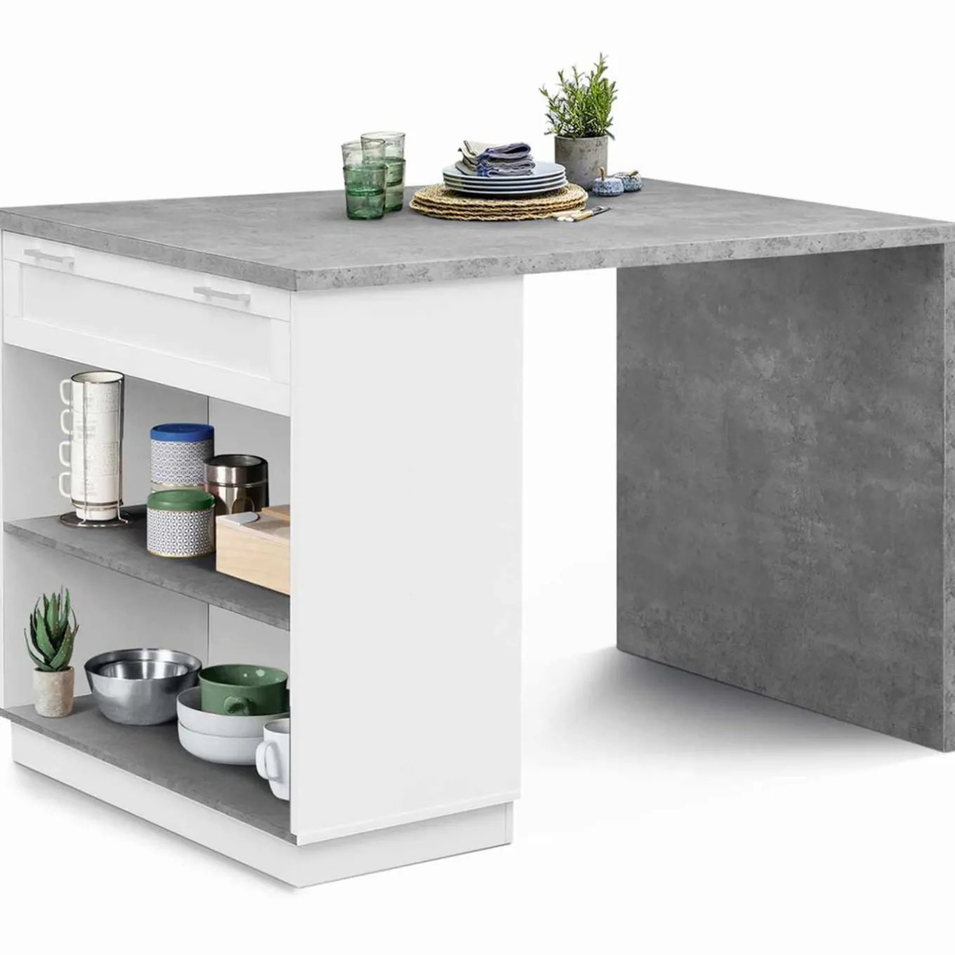 IDMarket Ilot central effet béton et blanc 130 cm pour 4 personnes* Collection Design|Collection Moderne