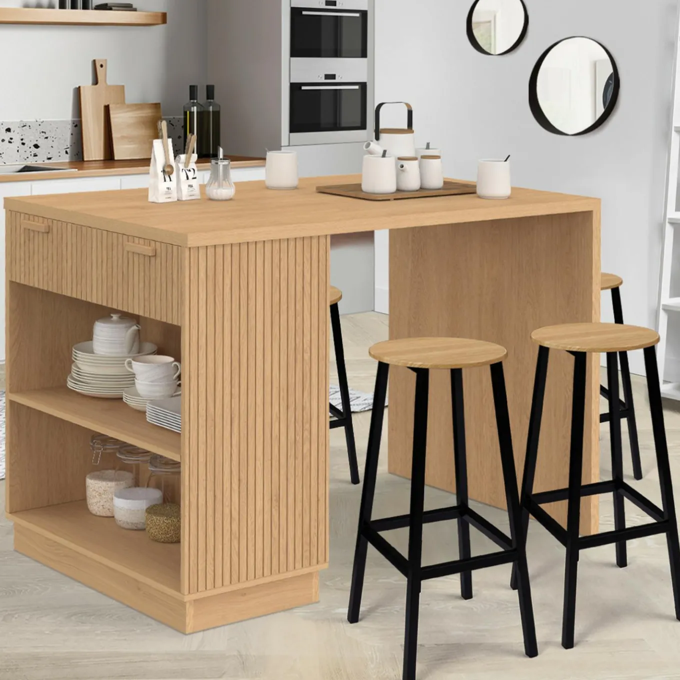 IDMarket Ilot central mange-debout 4 personnes 130 cm lattes tasseau bois coloris chêne* Ilot Central|Collection Moderne
