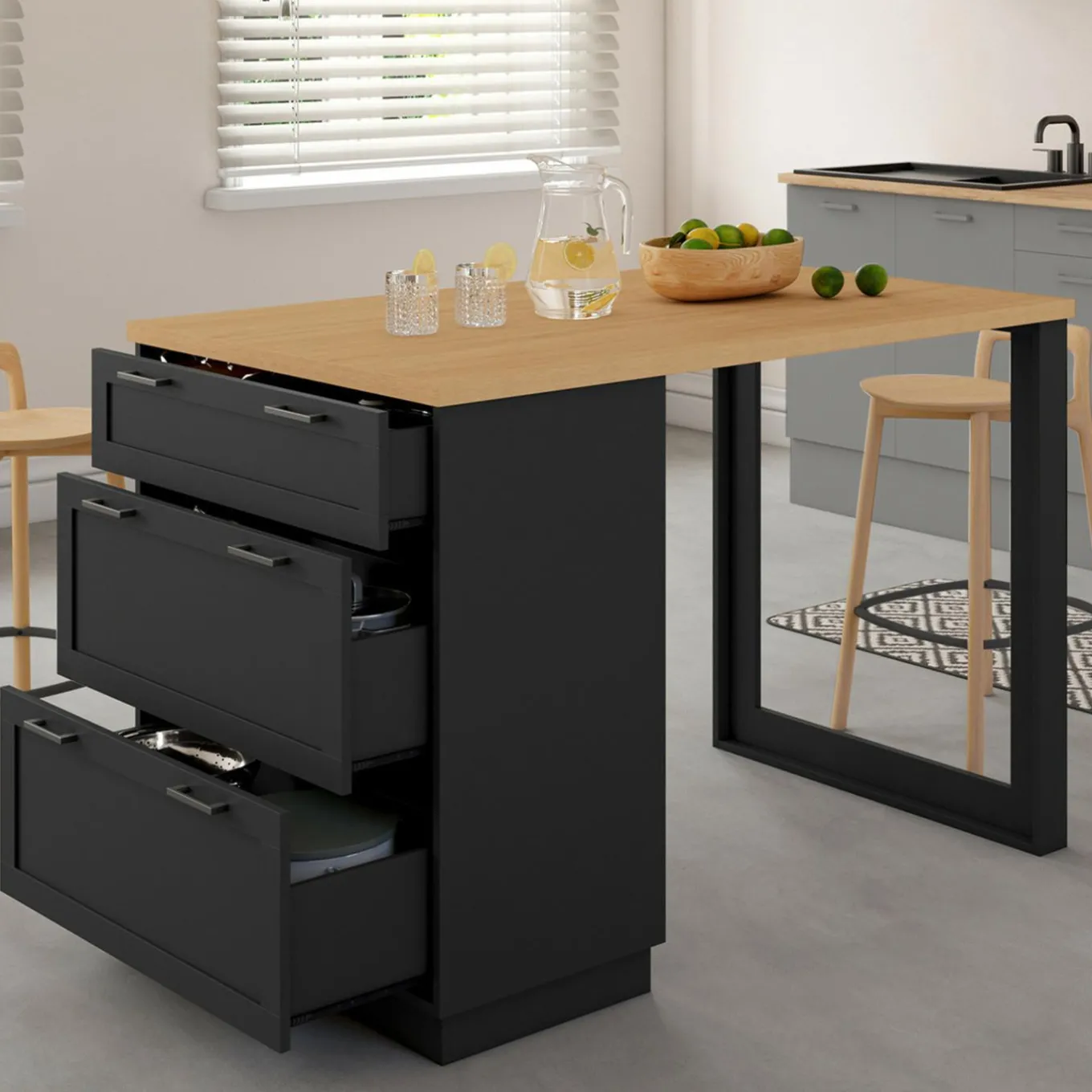 IDMarket Ilot central mange-debout 4 personnes 130 cm casserolier 3 tiroirs noir et plateau bois* Ilot Central|Collection Moderne