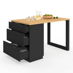 IDMarket Ilot central mange-debout 4 personnes 130 cm casserolier 3 tiroirs noir et plateau bois* Ilot Central|Collection Moderne