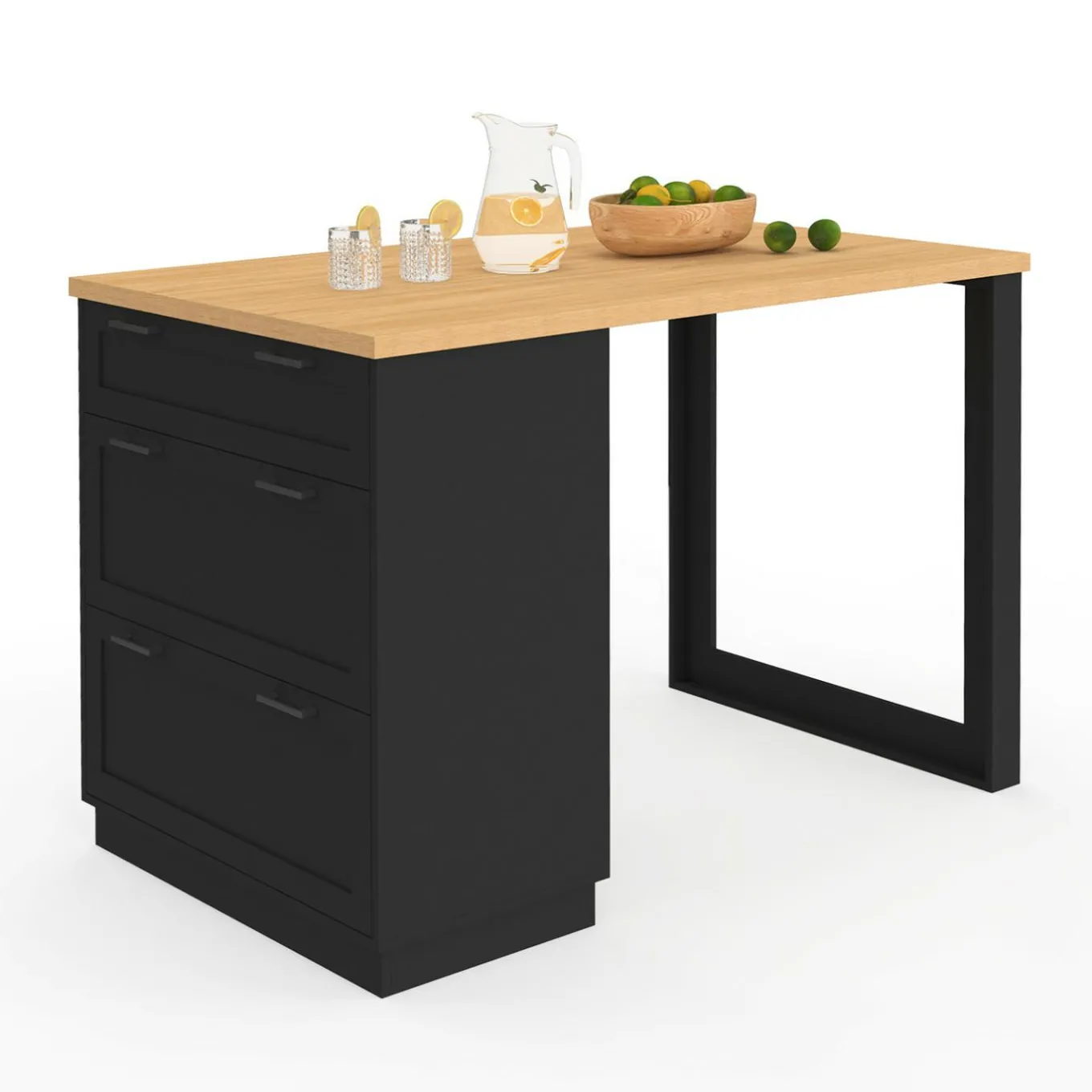 IDMarket Ilot central mange-debout 4 personnes 130 cm casserolier 3 tiroirs noir et plateau bois* Ilot Central|Collection Moderne