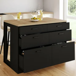 IDMarket Ilot central mange-debout 120 cm casserolier 6 tiroirs noir et plateau bois* Ilot Central|Collection Moderne