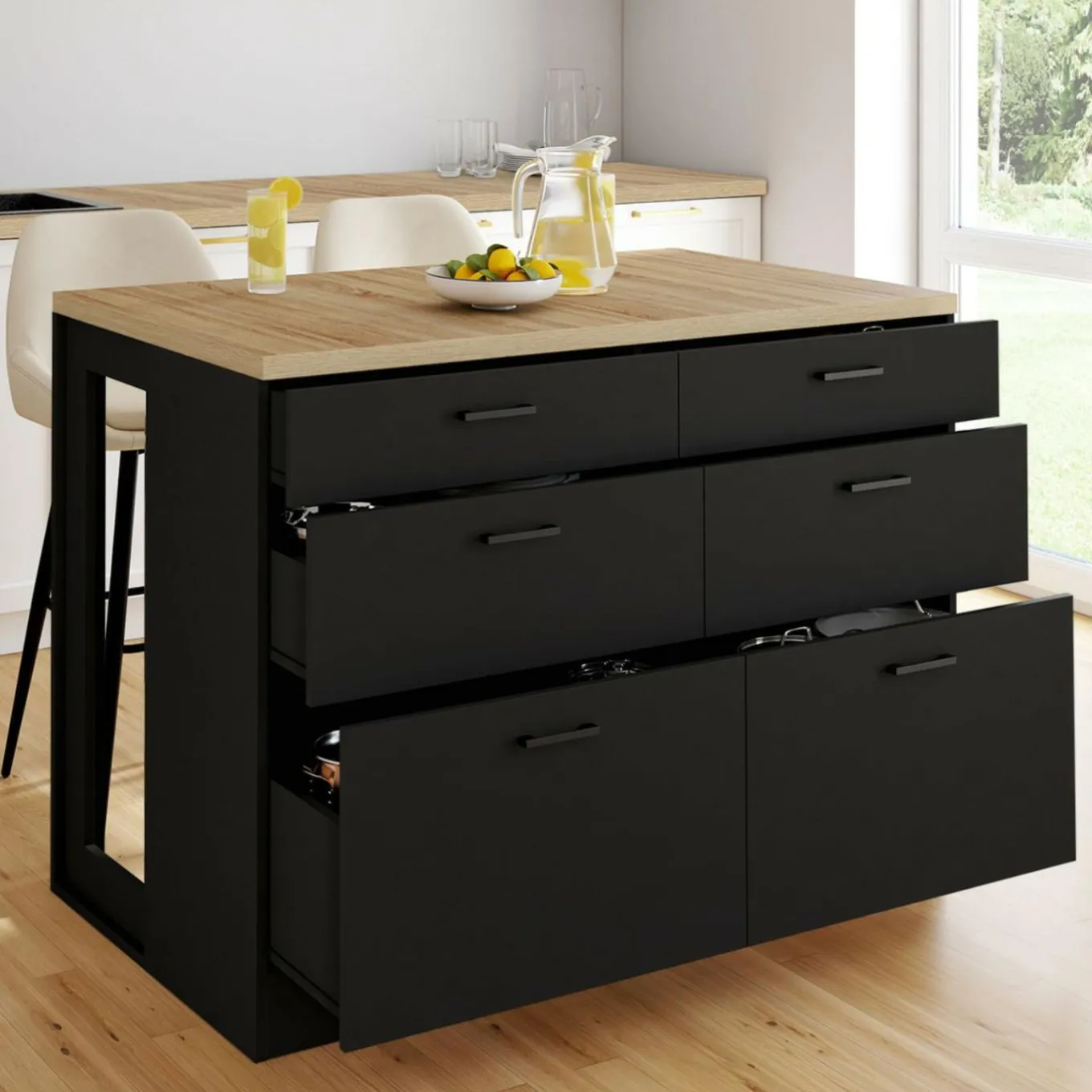IDMarket Ilot central mange-debout 120 cm casserolier 6 tiroirs noir et plateau bois* Ilot Central|Collection Moderne
