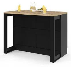 IDMarket Ilot central mange-debout 120 cm casserolier 6 tiroirs noir et plateau bois* Ilot Central|Collection Moderne