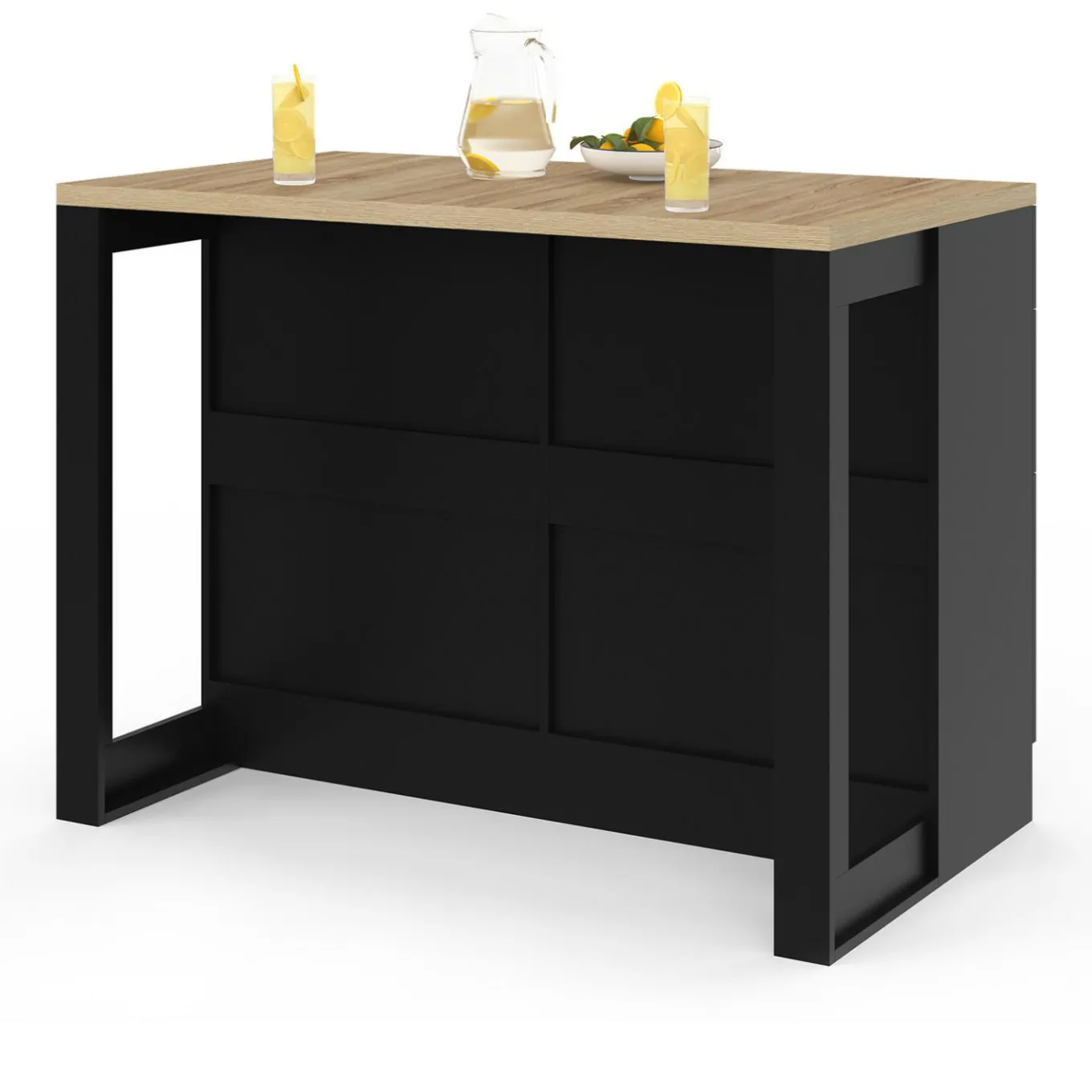 IDMarket Ilot central mange-debout 120 cm casserolier 6 tiroirs noir et plateau bois* Ilot Central|Collection Moderne