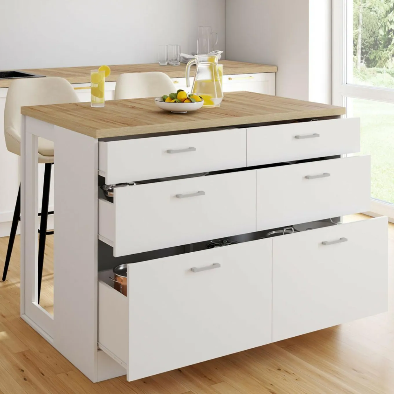 IDMarket Ilot central mange-debout 120 cm casserolier 6 tiroirs blanc et plateau bois* Ilot Central|Collection Moderne