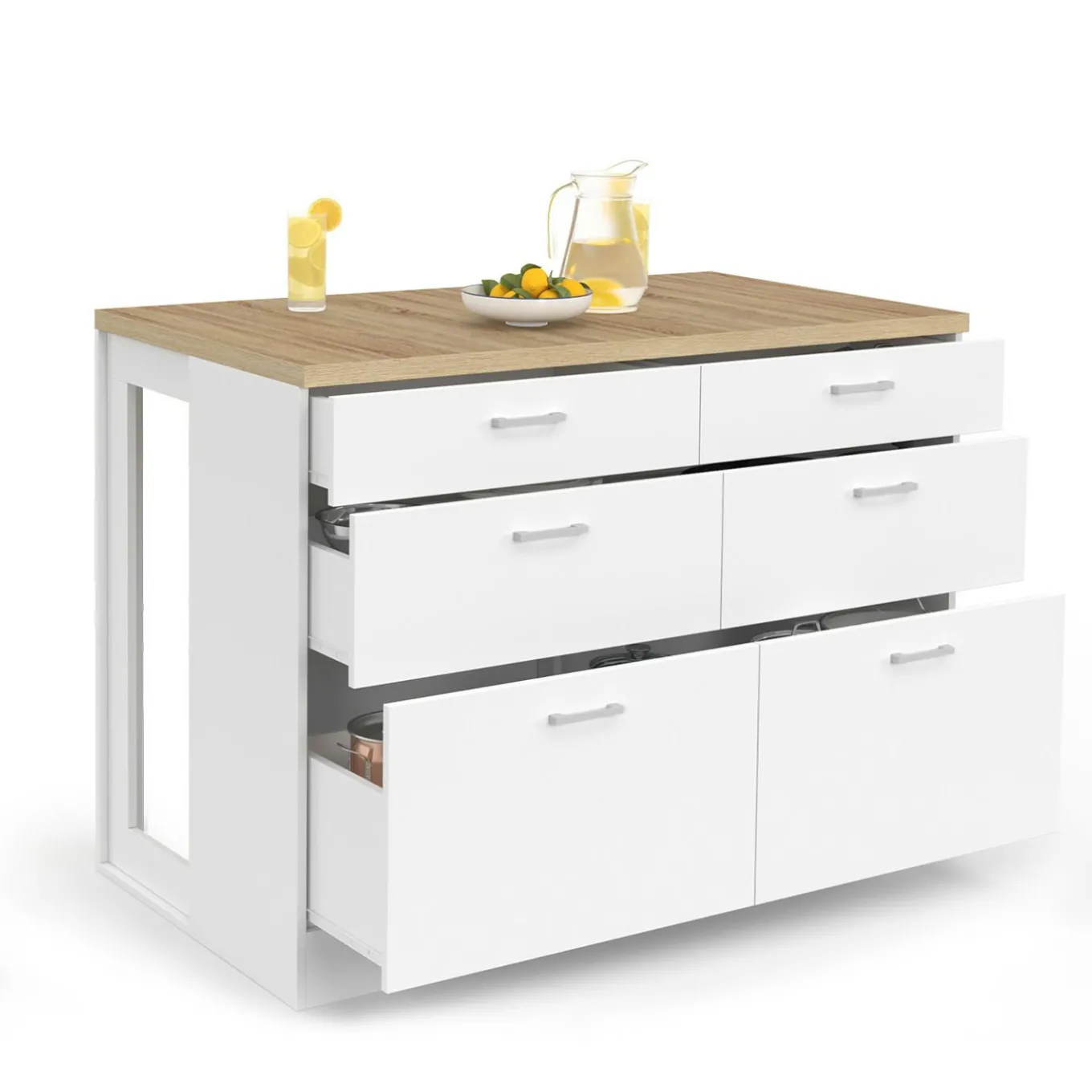 IDMarket Ilot central mange-debout 120 cm casserolier 6 tiroirs blanc et plateau bois* Ilot Central|Collection Moderne