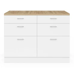 IDMarket Ilot central mange-debout 120 cm casserolier 6 tiroirs blanc et plateau bois* Ilot Central|Collection Moderne