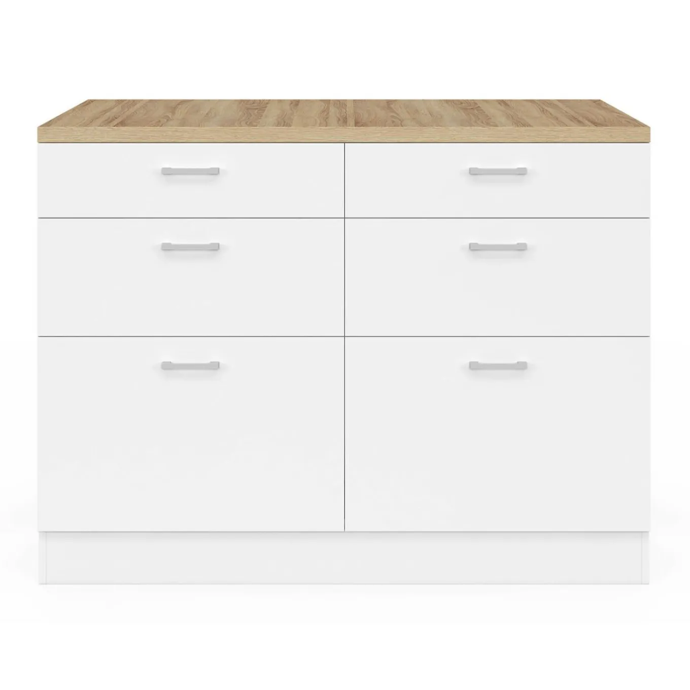 IDMarket Ilot central mange-debout 120 cm casserolier 6 tiroirs blanc et plateau bois* Ilot Central|Collection Moderne