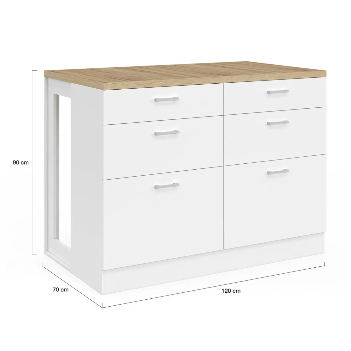 IDMarket Ilot central mange-debout 120 cm casserolier 6 tiroirs blanc et plateau bois* Ilot Central|Collection Moderne