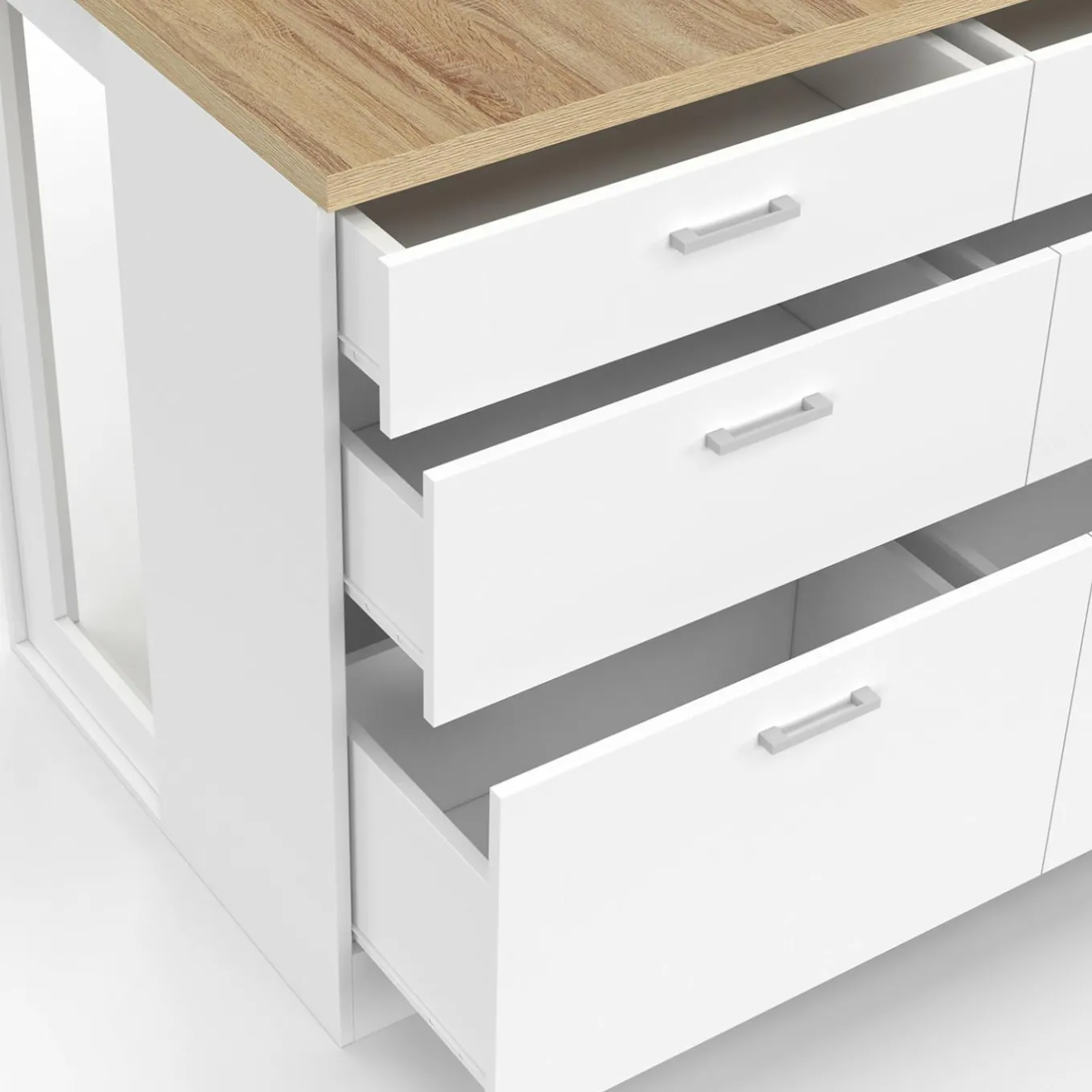 IDMarket Ilot central mange-debout 120 cm casserolier 6 tiroirs blanc et plateau bois* Ilot Central|Collection Moderne
