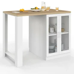 IDMarket Ilot de cuisine central bois blanc 120 cm avec portes vitrées et rangements* Meubles Hauts|Meubles Blancs