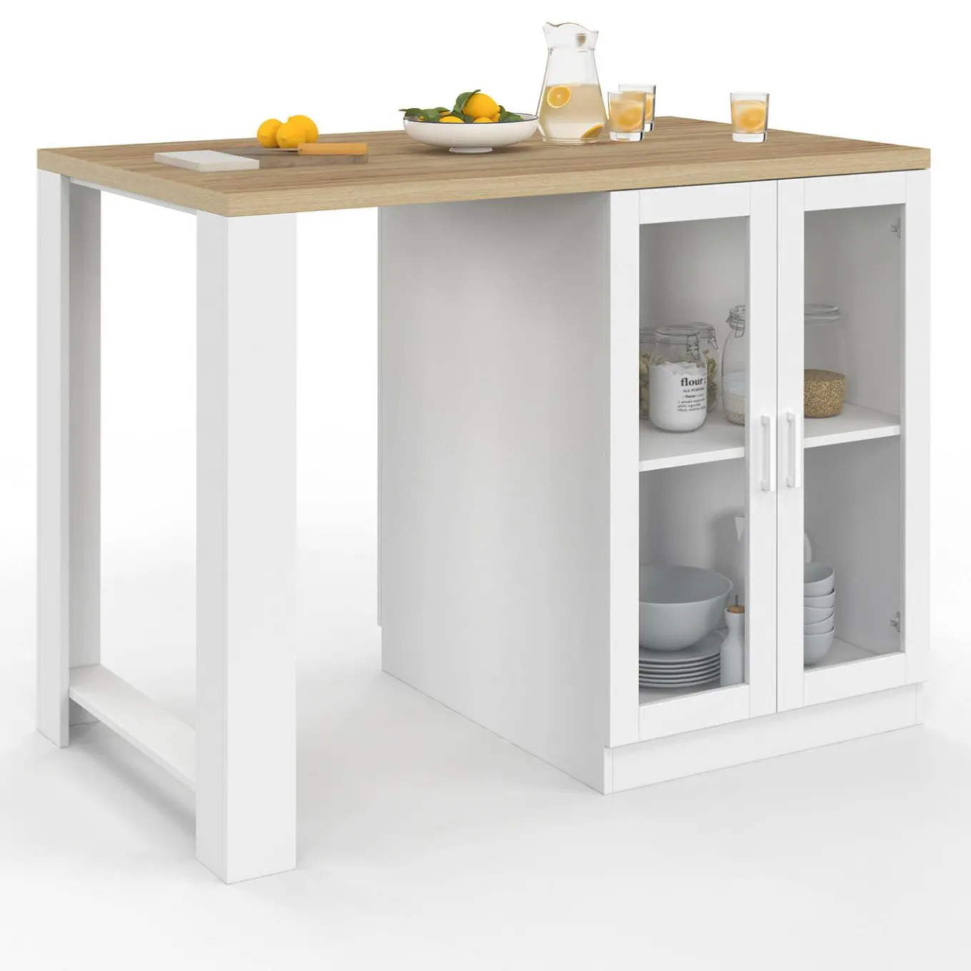 IDMarket Ilot de cuisine central bois blanc 120 cm avec portes vitrées et rangements* Meubles Hauts|Meubles Blancs