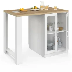 IDMarket Ilot de cuisine central bois blanc 120 cm avec portes vitrées et rangements* Meubles Hauts|Meubles Blancs