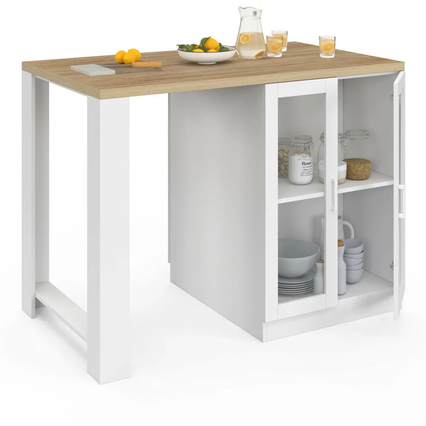 IDMarket Ilot de cuisine central bois blanc 120 cm avec portes vitrées et rangements* Meubles Hauts|Meubles Blancs