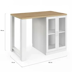 IDMarket Ilot de cuisine central bois blanc 120 cm avec portes vitrées et rangements* Meubles Hauts|Meubles Blancs