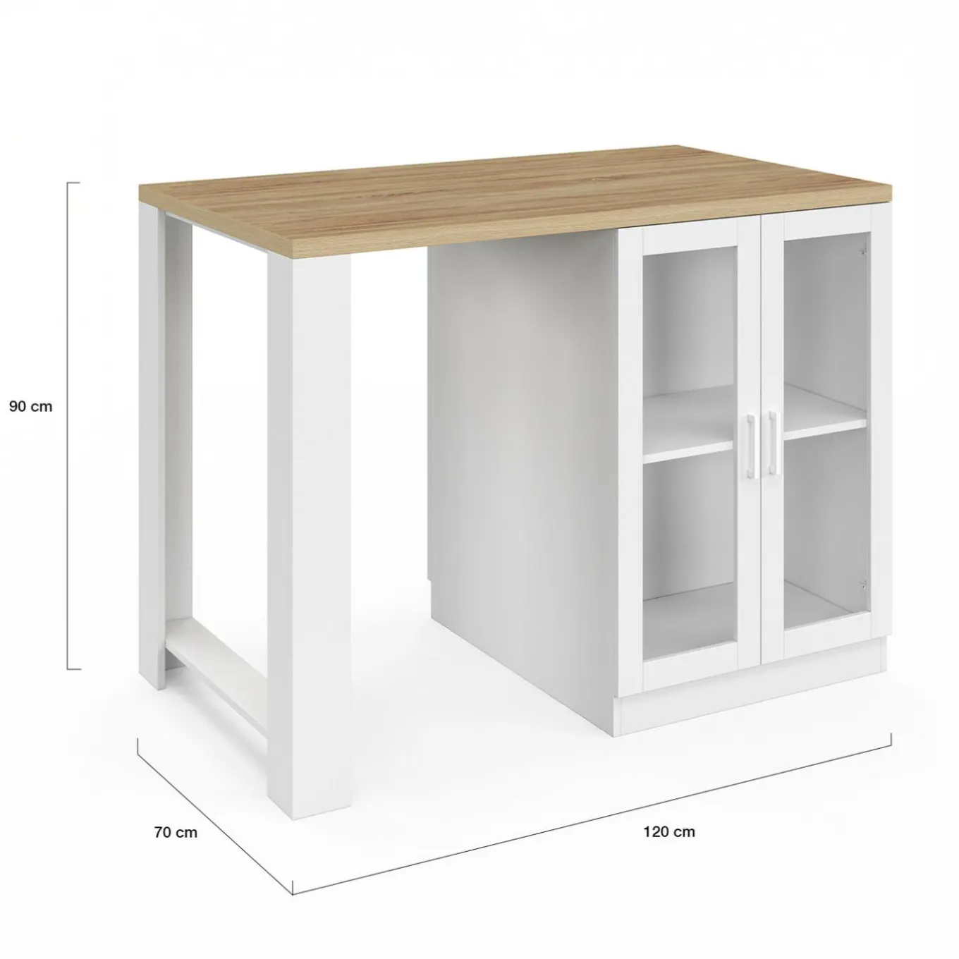 IDMarket Ilot de cuisine central bois blanc 120 cm avec portes vitrées et rangements* Meubles Hauts|Meubles Blancs