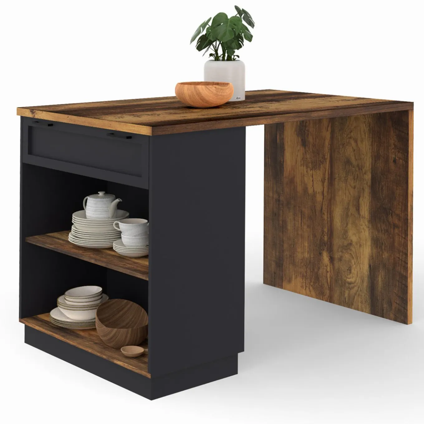 IDMarket Ilot de cuisine mange debout 4 personnes bois foncé et noir* Collection Vintage|Ilot Central