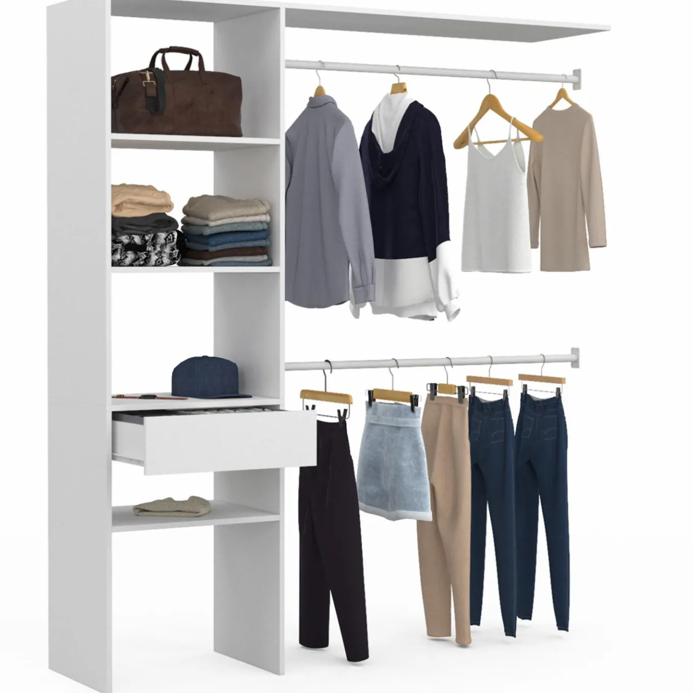 IDMarket Kit dressing blanc pour placard avec étagères, tiroir et double penderie* Dressings Et Portants Vêtements