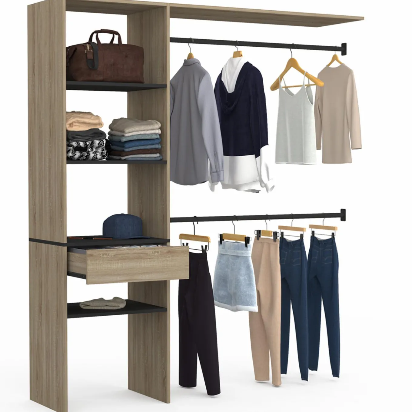 IDMarket Kit dressing placard hêtre et noir avec étagères, tiroir et double penderie* Dressings Et Portants Vêtements