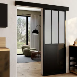 IDMarket Kit porte coulissante verrière 83 cm en verre trempé givré, métal avec rail et fixations* Produits D’Aménagement Intérieur|Décoration Et Accessoires