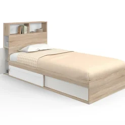 IDMarket Lit 1 personne sommier 90x190 cm hêtre et blanc avec rangement et tête de lit* Collection Scandinave|Chambre Complète Adulte