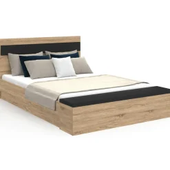 IDMarket Lit 2 personnes sommier 140x190 cm avec tête de lit et banc coffre bois et noir* Meubles Noirs|Meubles En Bois