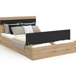 IDMarket Lit 2 personnes sommier 140x190 cm avec tête de lit et banc coffre bois et noir* Meubles Noirs|Meubles En Bois